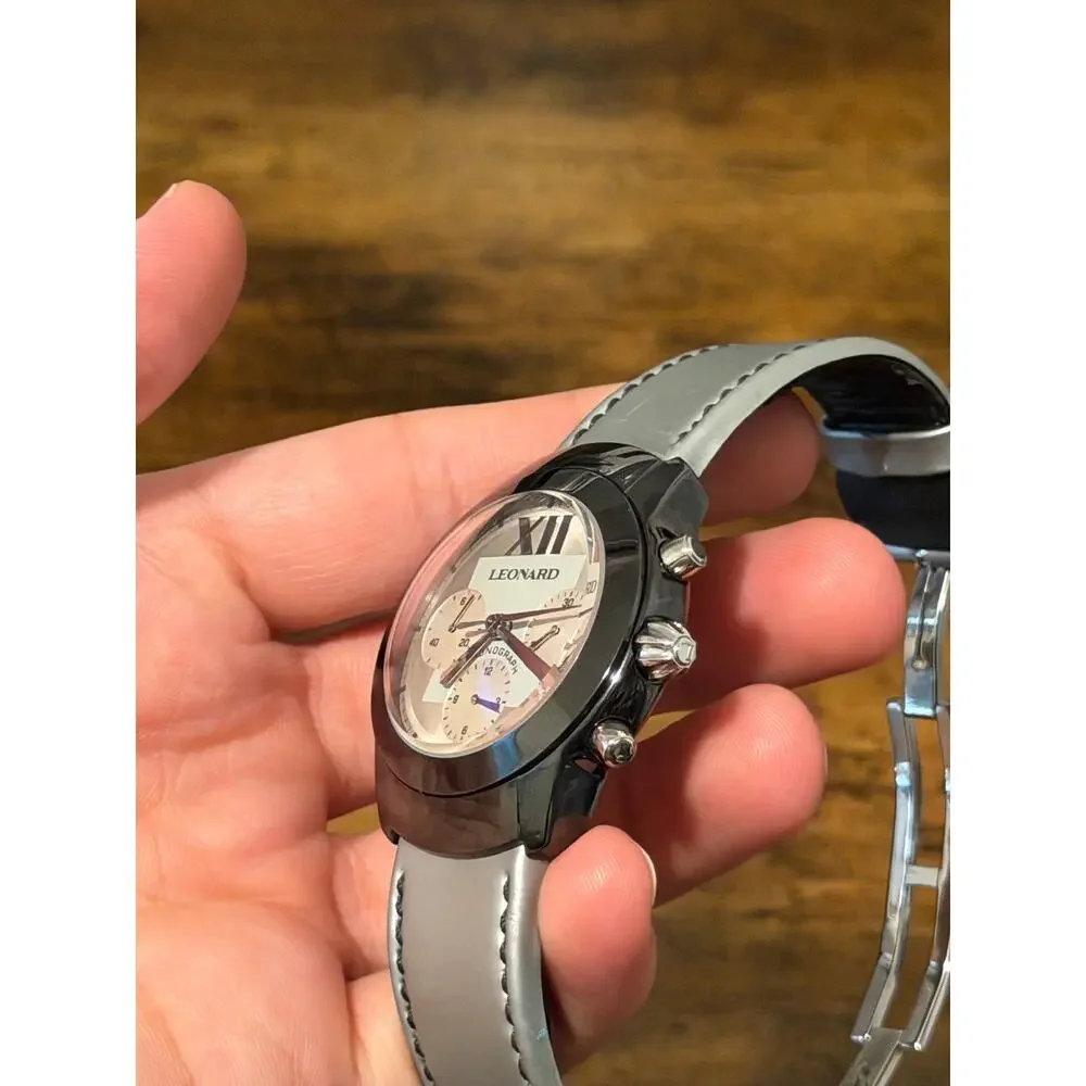 Leonar Moonphase Chronograph Style Watch White Dial Leather Strap